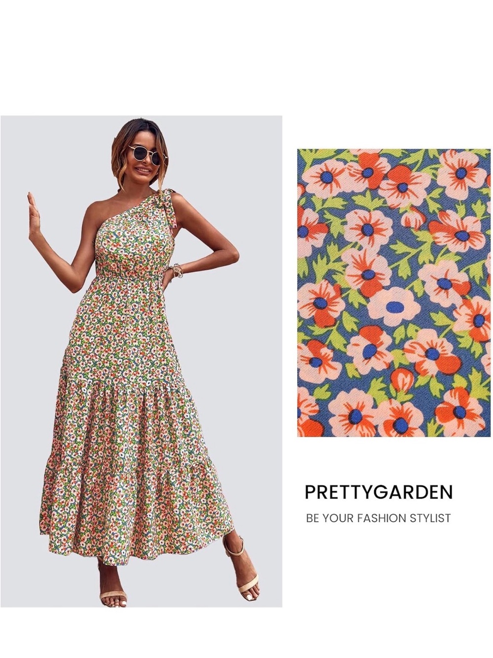 Pretty Garden One-Shoulder Floral Tie-Strap Dress in Coral, Pink, Blue, Green
